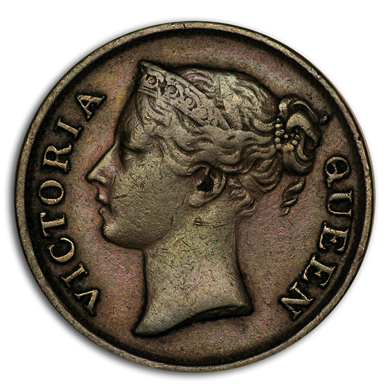 1845 Straits Settlements Copper 1/2 Cent Victoria XF (w/WW) 1845 Straits Settlements Copper 1/2 Cent Victoria XF (w/WW)